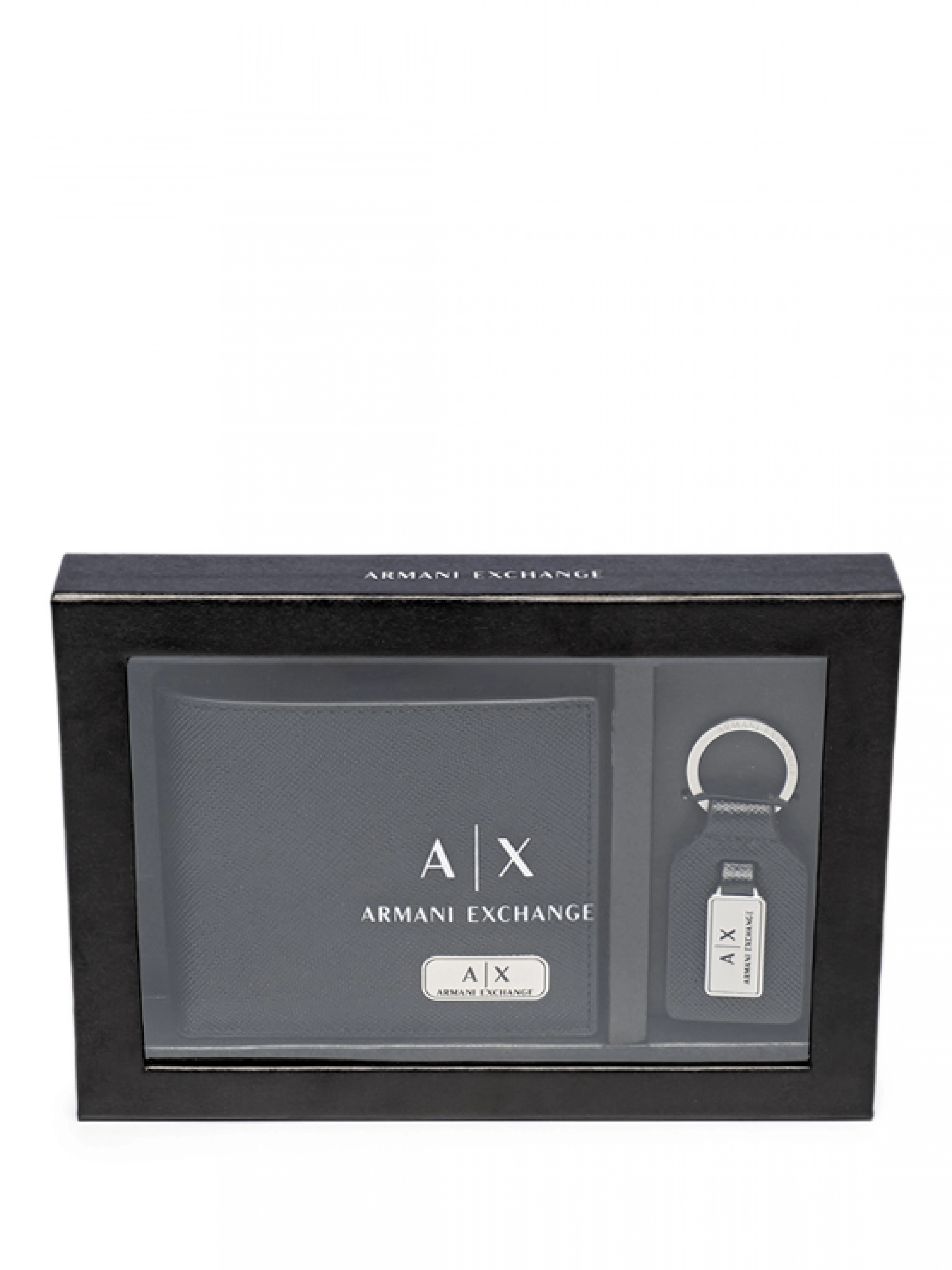 Подарочный набор портмоне и брелок из натуральной кожи с лого и надписью бренда Armani Exchange Подарочный набор портмоне и брелок из натуральной кожи с лого и надписью бренда Armani Exchange