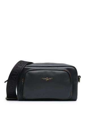 Сумка кросс-боди в черном цвете из натуральной кожи с наружным карманом Аeronautica Militare