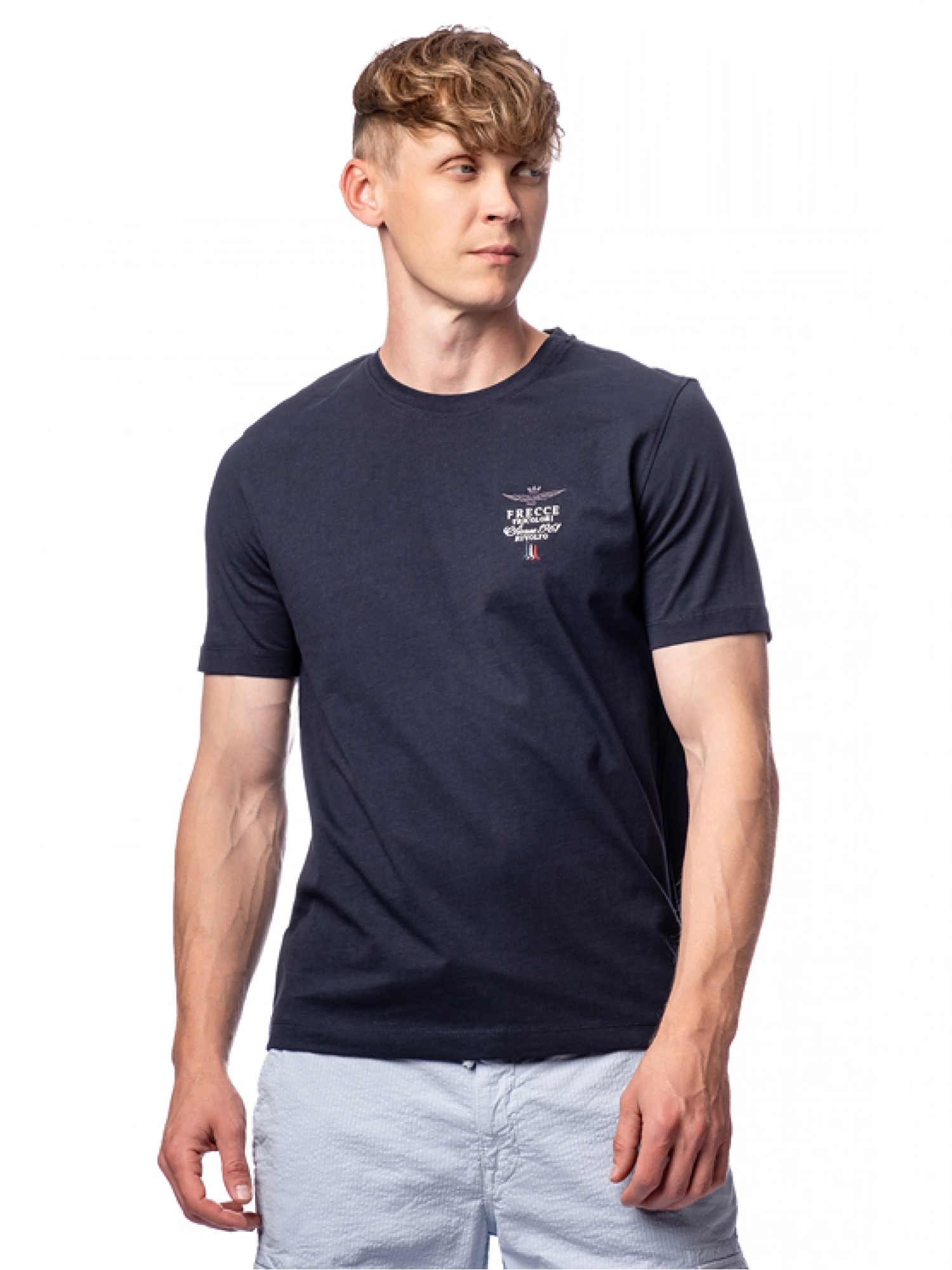 Футболка из хлопка в темно-синем цвете с логотипом на груди Aeronautica Militare