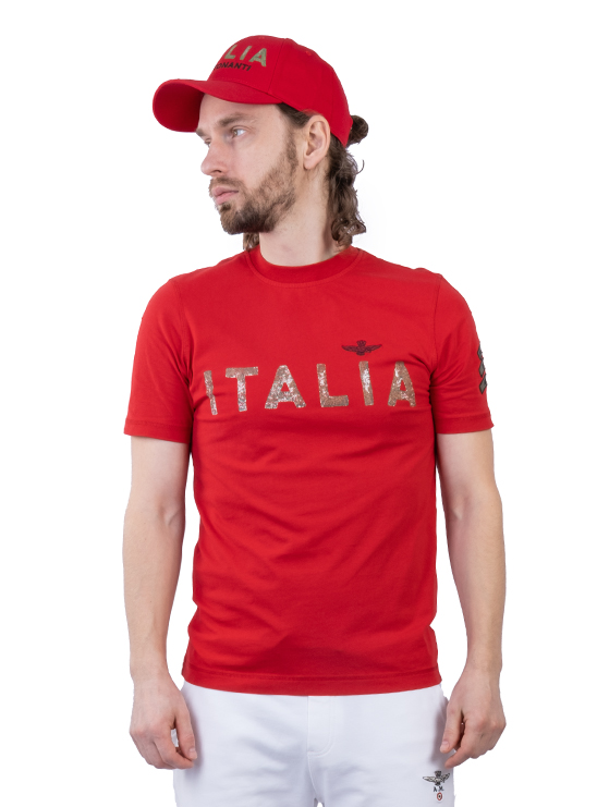 Футболка красного цвета с надписью на груди Aeronautica Militare