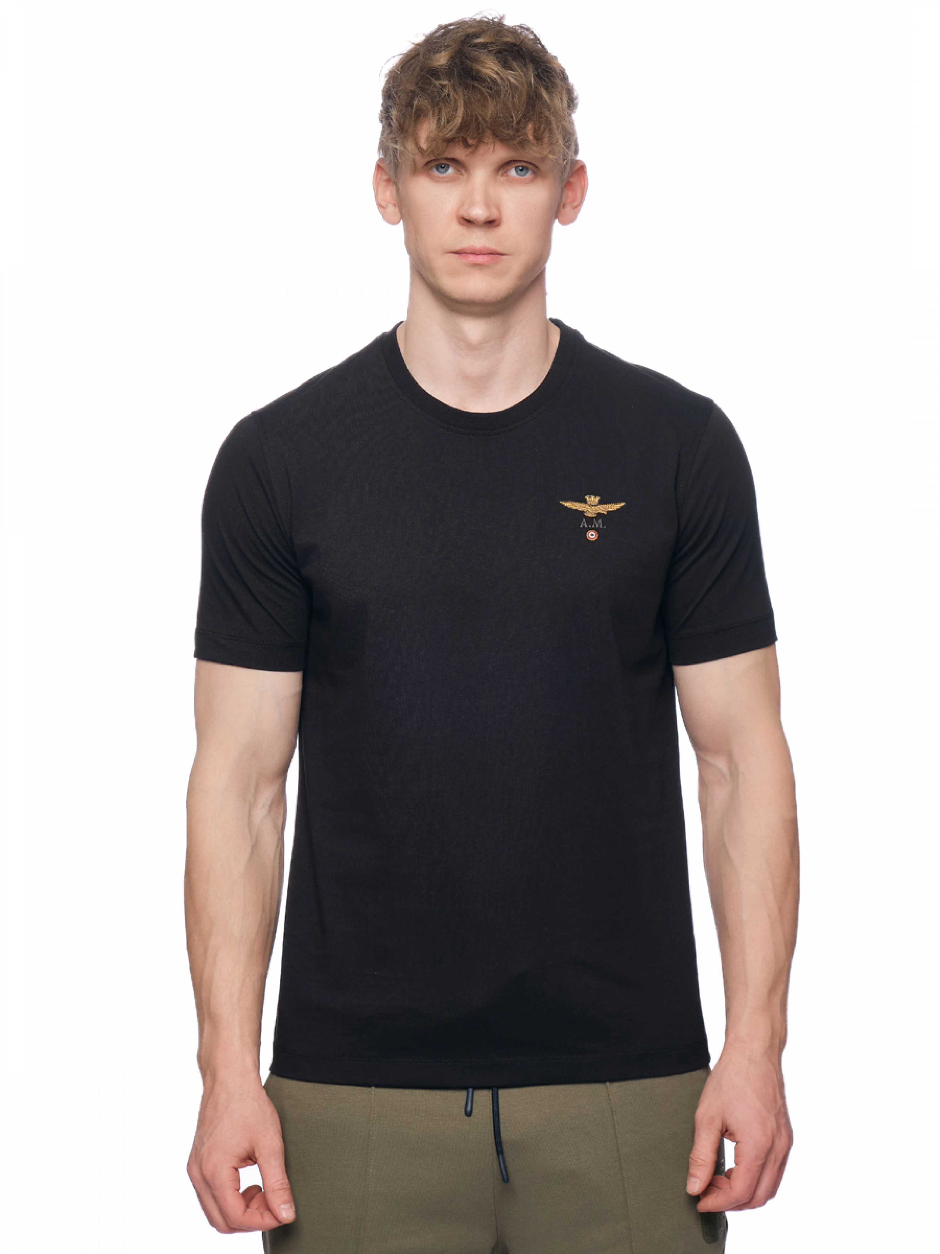 Футболка в черном цвете прямого кроя Aeronautica Militare  с вышитым лого на груди