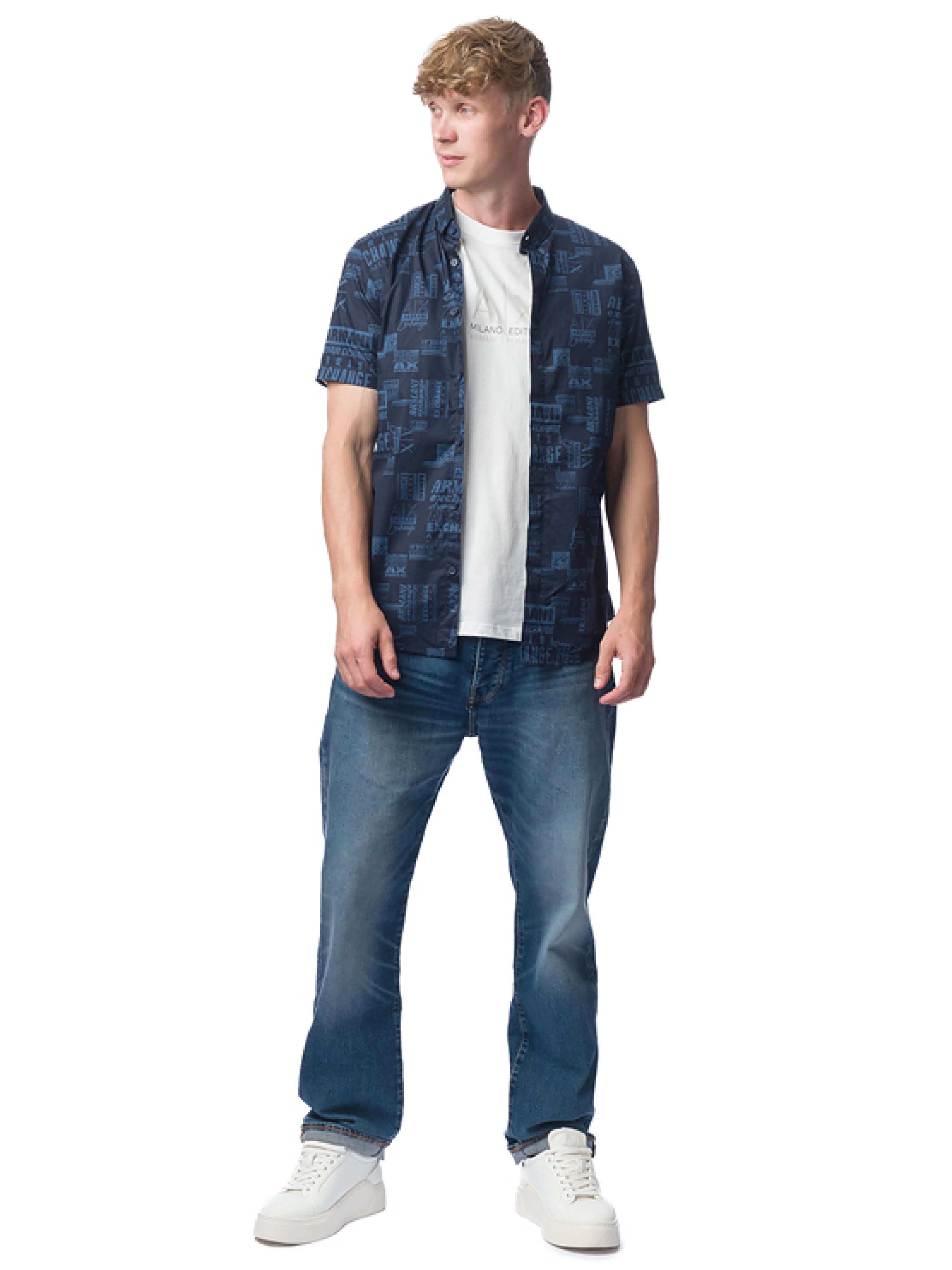 Рубашка с коротким рукавом в темно-синем цвете с логоманией Armani Exchange