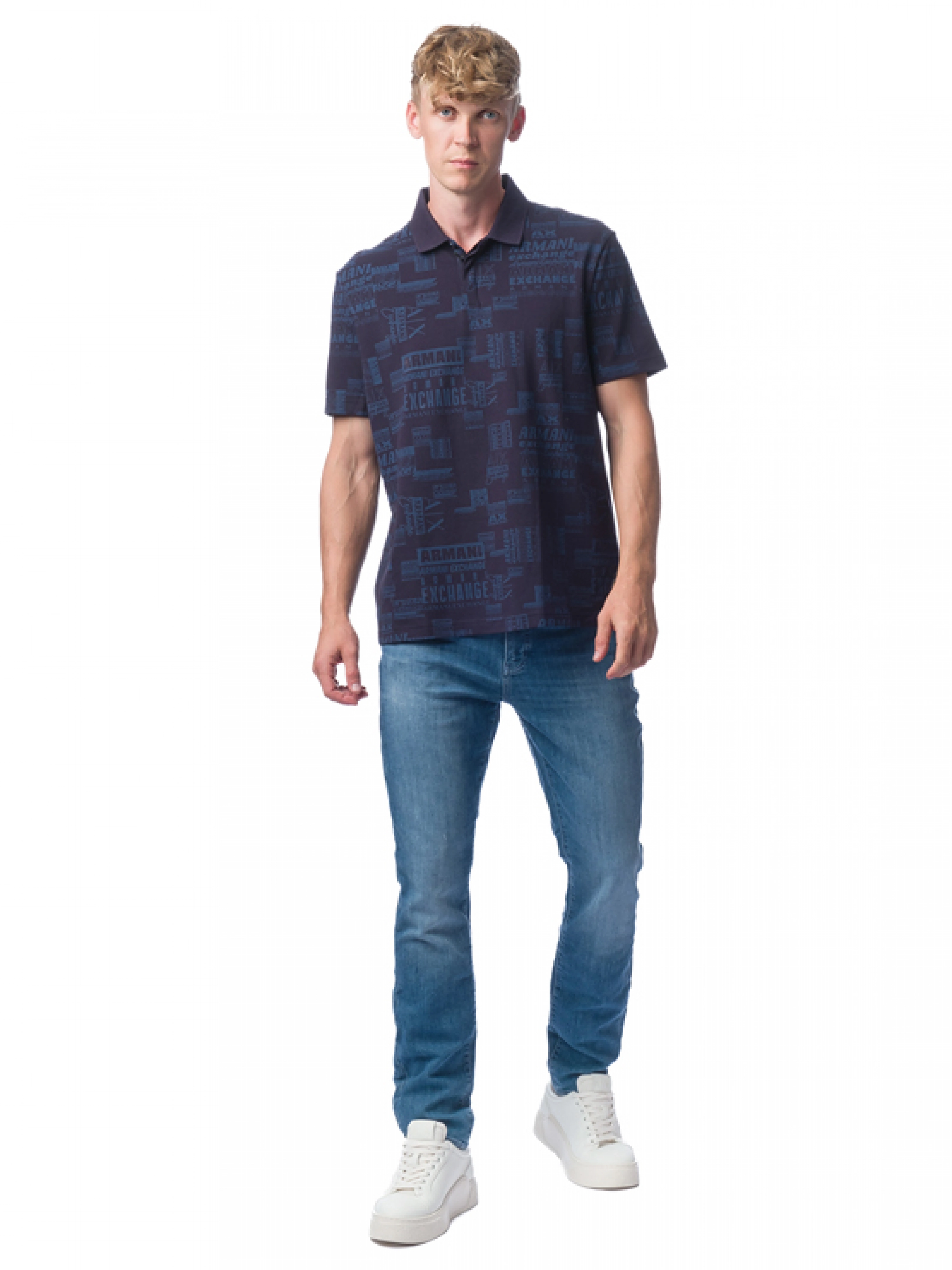 Поло в темно-синем цвете с логоманией Armani Exchange прямого кроя