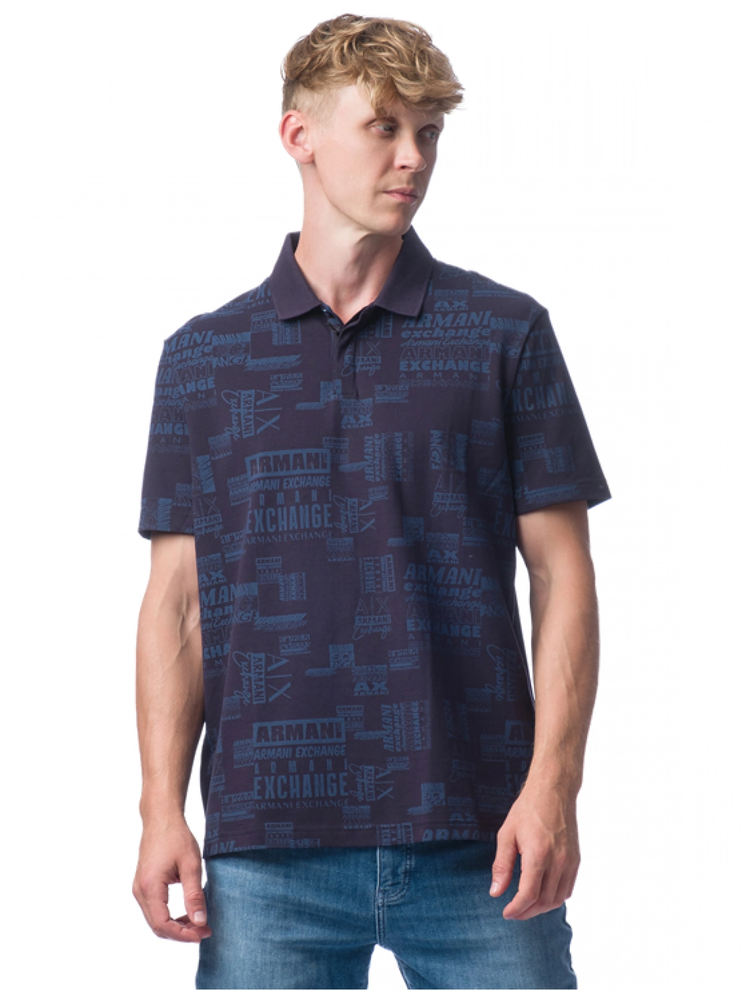Поло в темно-синем цвете с логоманией Armani Exchange прямого кроя