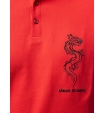 Поло красного цвета с вышивкой дракона и названием бренда Armani Exchange
