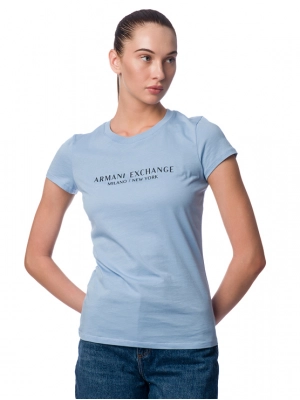Футболка приталенного кроя голубого цвета с надписью на груди Armani Exchange