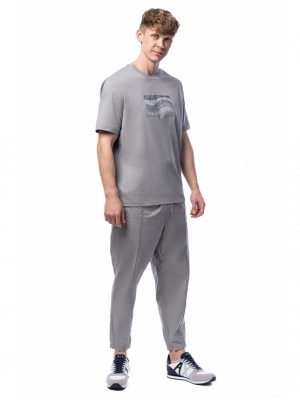 Футболка в сером цвете с принтом в виде волны на груди и названием бренда Armani Exchange