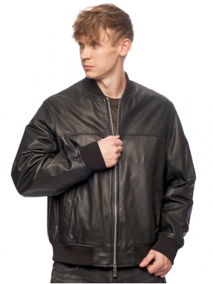 Кожаная куртка-бомбер в черном цвете на молнии Armani Exchange