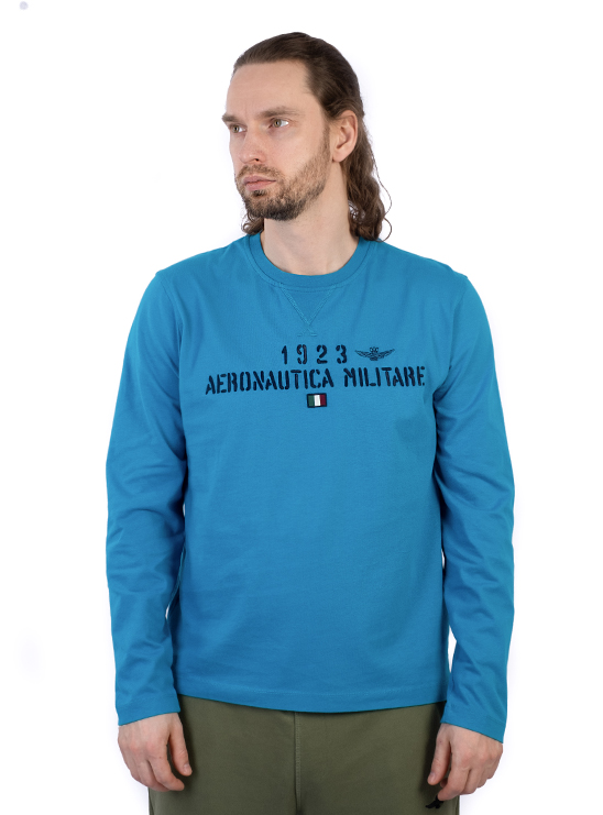 Лонгслив голубого цвета с надписью на груди Aeronautica Militare
