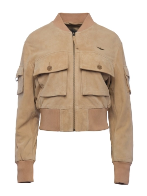 Куртка из натуральной кожи в бежевом цвете свободного кроя с накладными карманами Aeronautica Milita