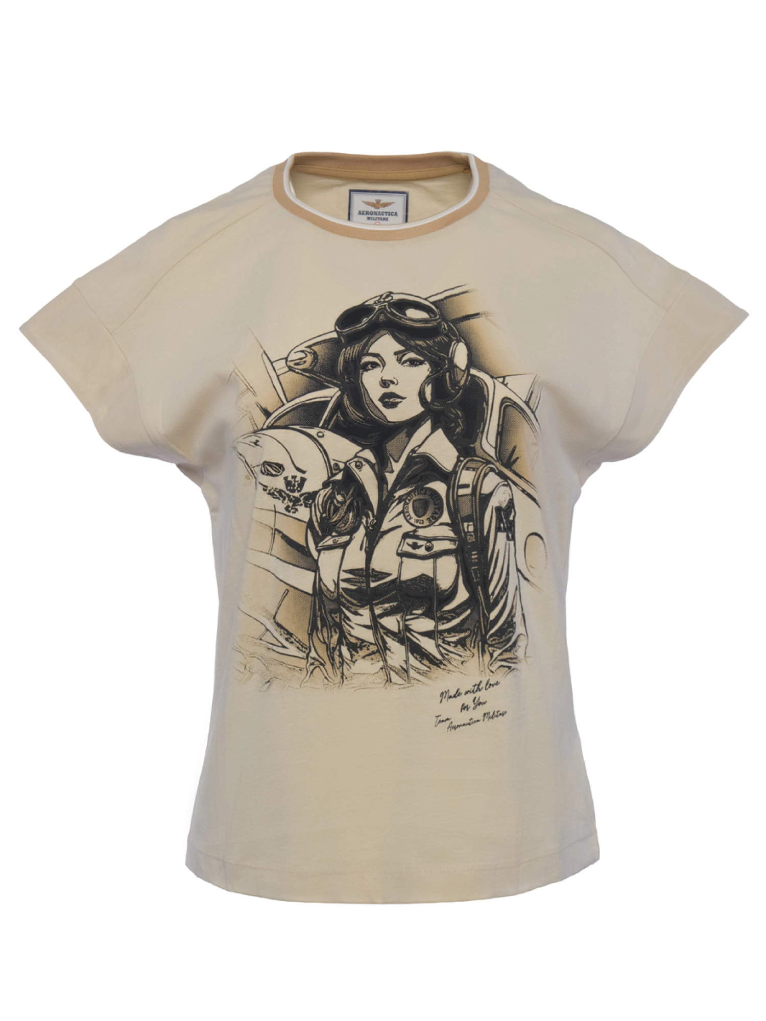 Футболка в молочном цвете свободного кроя с принтом на груди Аeronautica Militare