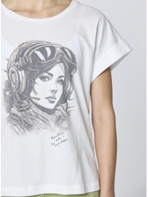 Белая футболка Aeronautica Militare с изображением женщины-пилота, украшенная стразами