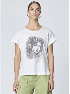 Белая футболка Aeronautica Militare с изображением женщины-пилота, украшенная стразами