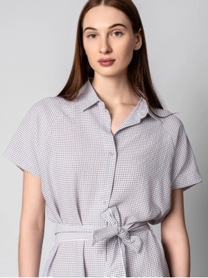 Платье-рубашка в светло-сером цвете с поясом и принтом клетка Armani Exchange