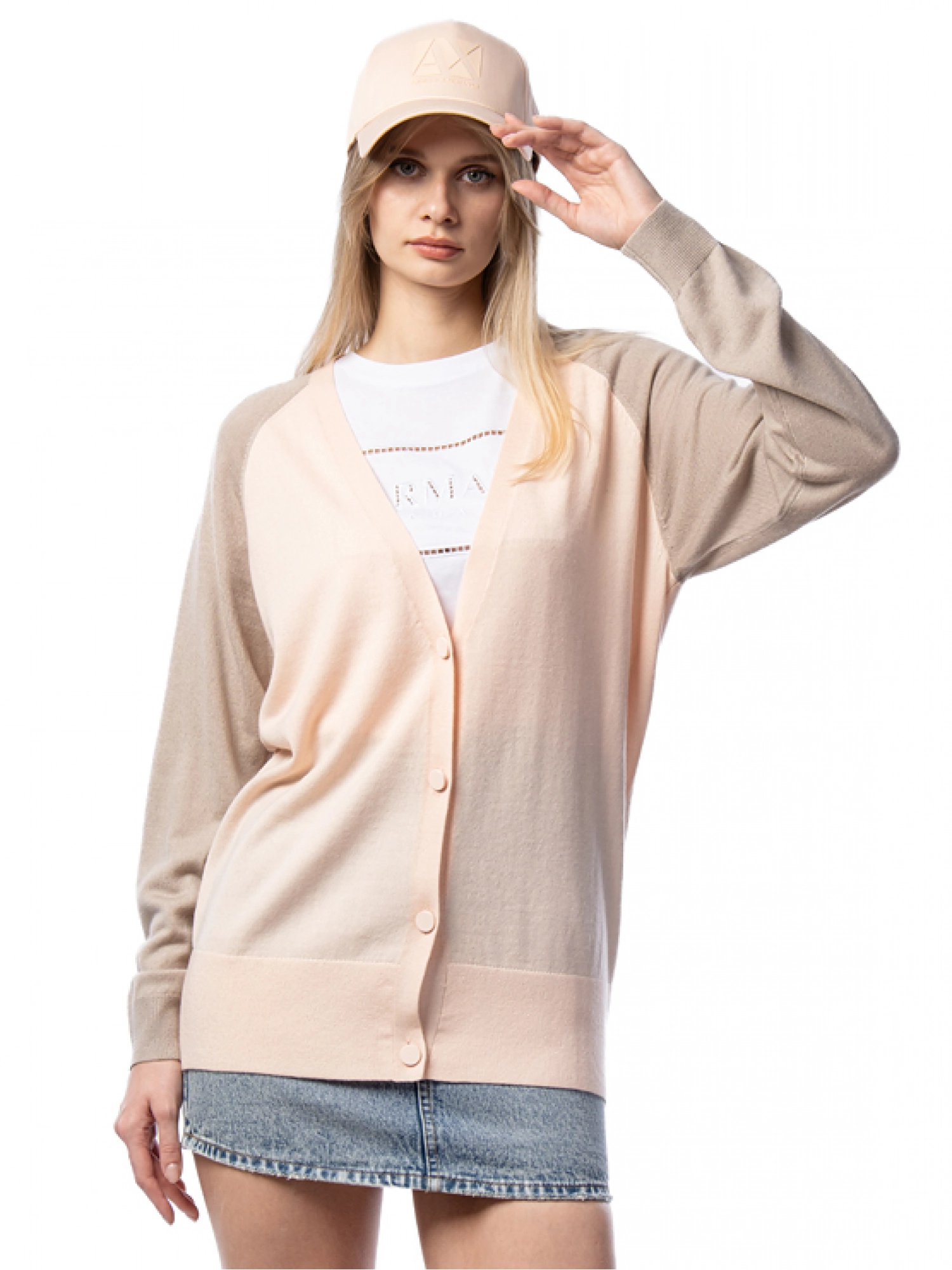 Удлиненный кардиган пудрового цвета на пуговицах с акцентными рукавами бежевого цвета Armani Exchang