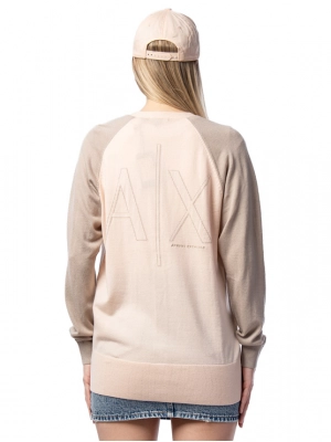 Удлиненный кардиган пудрового цвета на пуговицах с акцентными рукавами бежевого цвета Armani Exchang