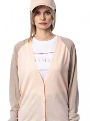 Удлиненный кардиган пудрового цвета на пуговицах с акцентными рукавами бежевого цвета Armani Exchang