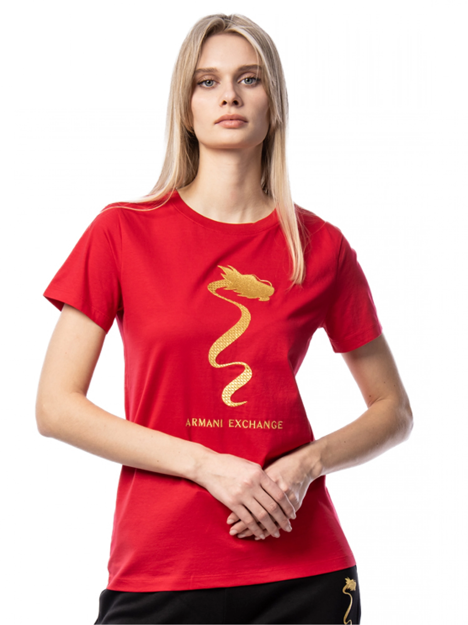 Футболка красного цвета с золотистым принтом на груди Armani Exchange