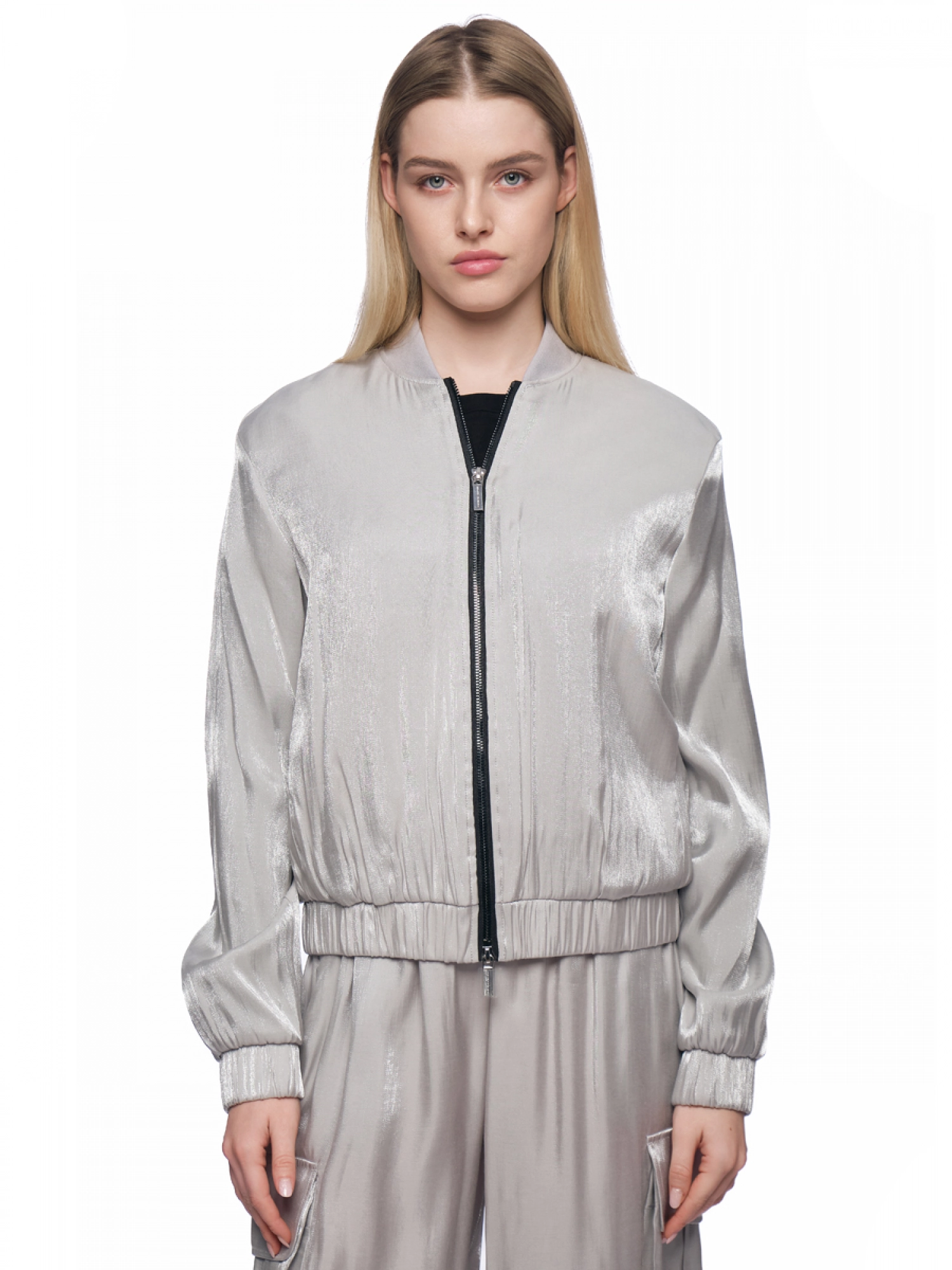 Куртка бомбер в сером цвете с контрастной молнией и резинкой на поясе Armani Exchange