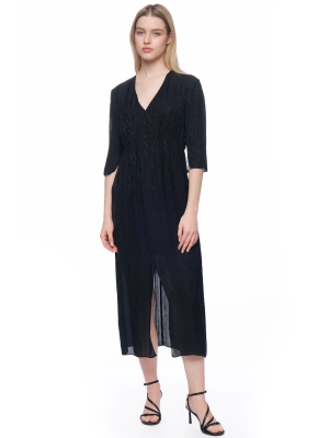 Платье в черном цвете длины миди с рукавом 3/4 и резинкой на поясе Armani Exchange