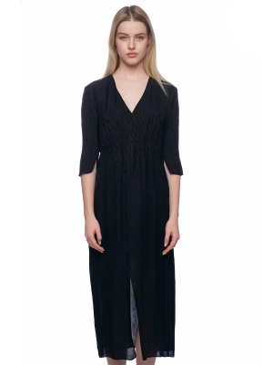 Платье в черном цвете длины миди с рукавом 3/4 и резинкой на поясе Armani Exchange