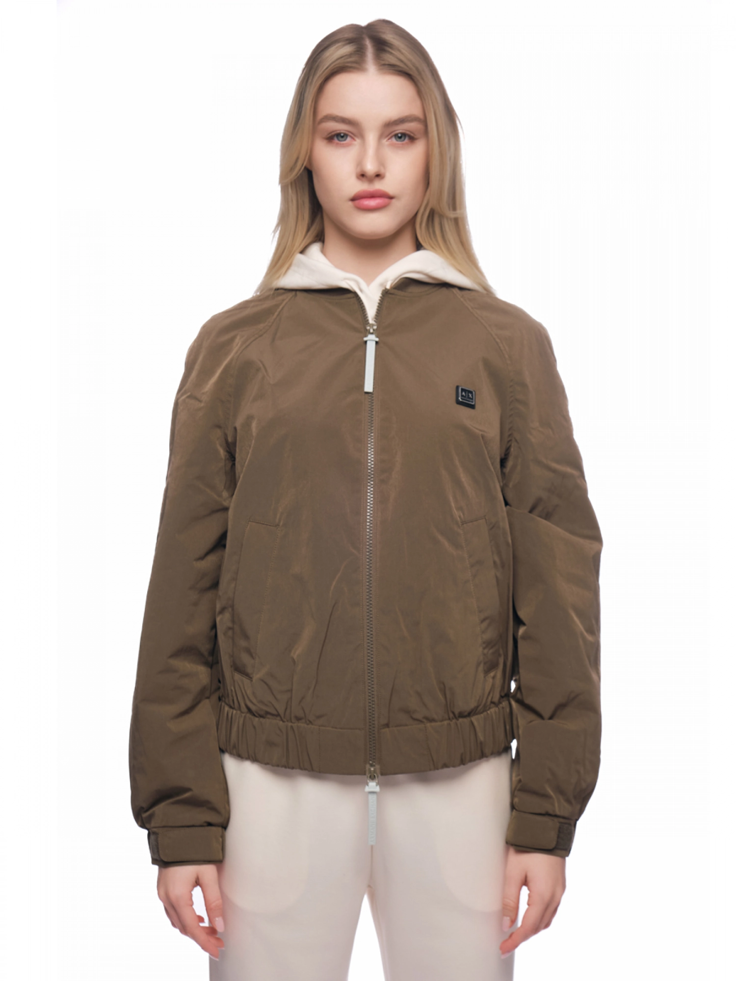 Куртка свободного кроя в цвете хаки с резинкой на поясе и резинкой на горловине Armani Exchang