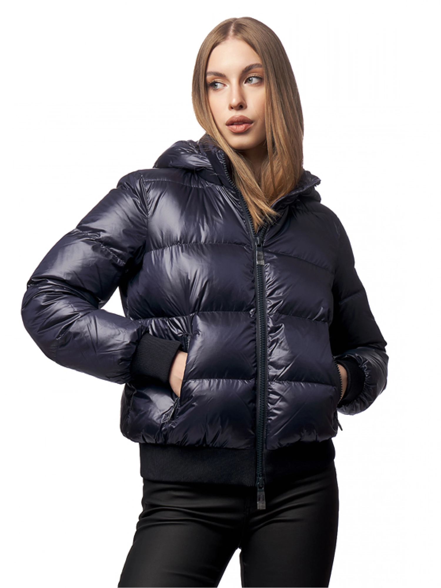 Пуховик с натуральным наполнителем в темно-синем цвете с капюшоном из коллекции Icon Armani Exchange