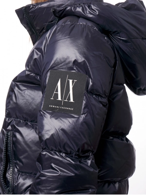 Пуховик с натуральным наполнителем в темно-синем цвете с капюшоном из коллекции Icon Armani Exchange