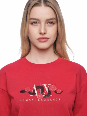 Свитшот в красном цвете с круглым вырезом и логотипом бренда на груди Armani Exchange