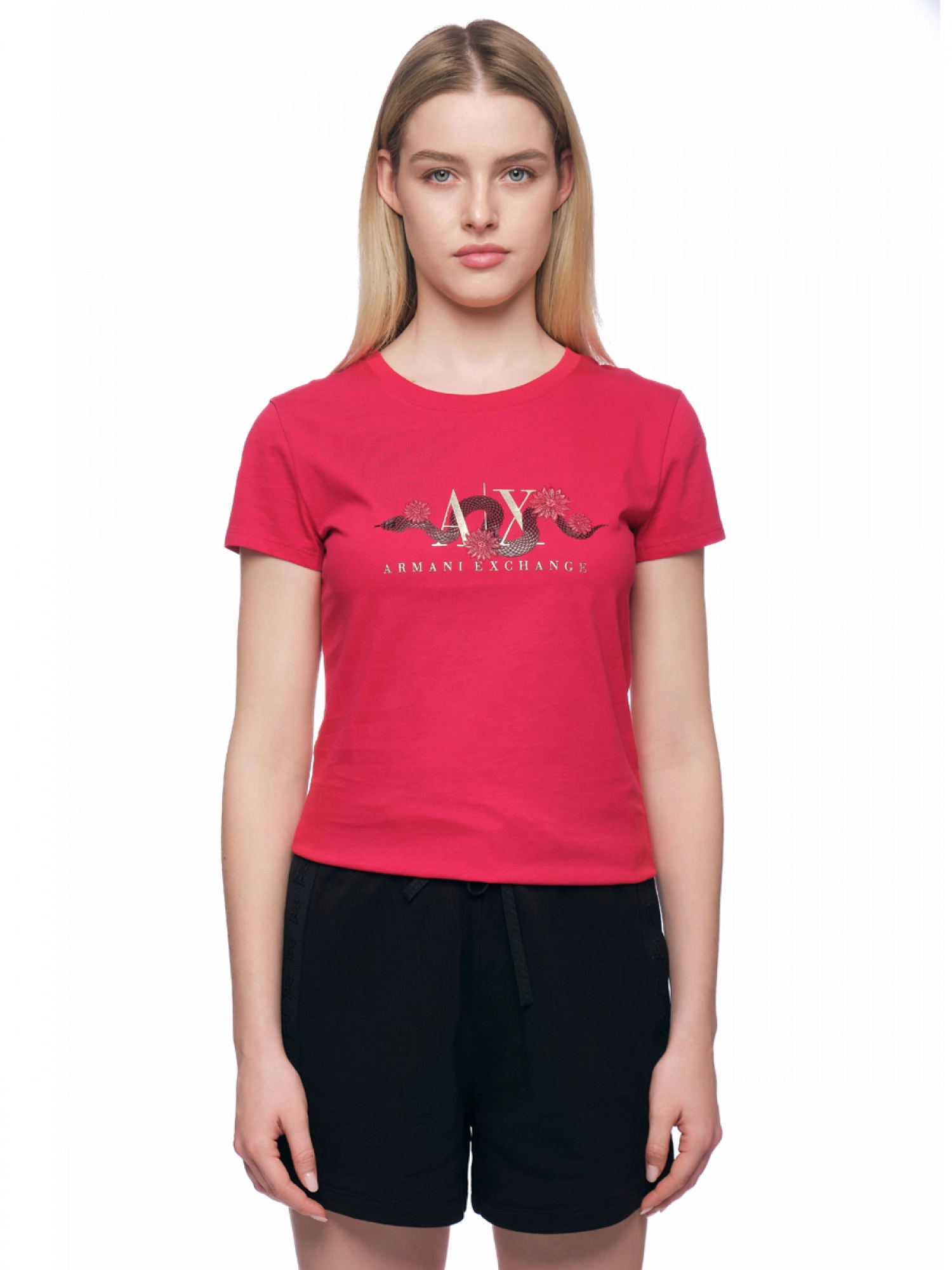 Футболка с круглым вырезом в красном цвете приталенного  кроя с логотипом Armani Exchange