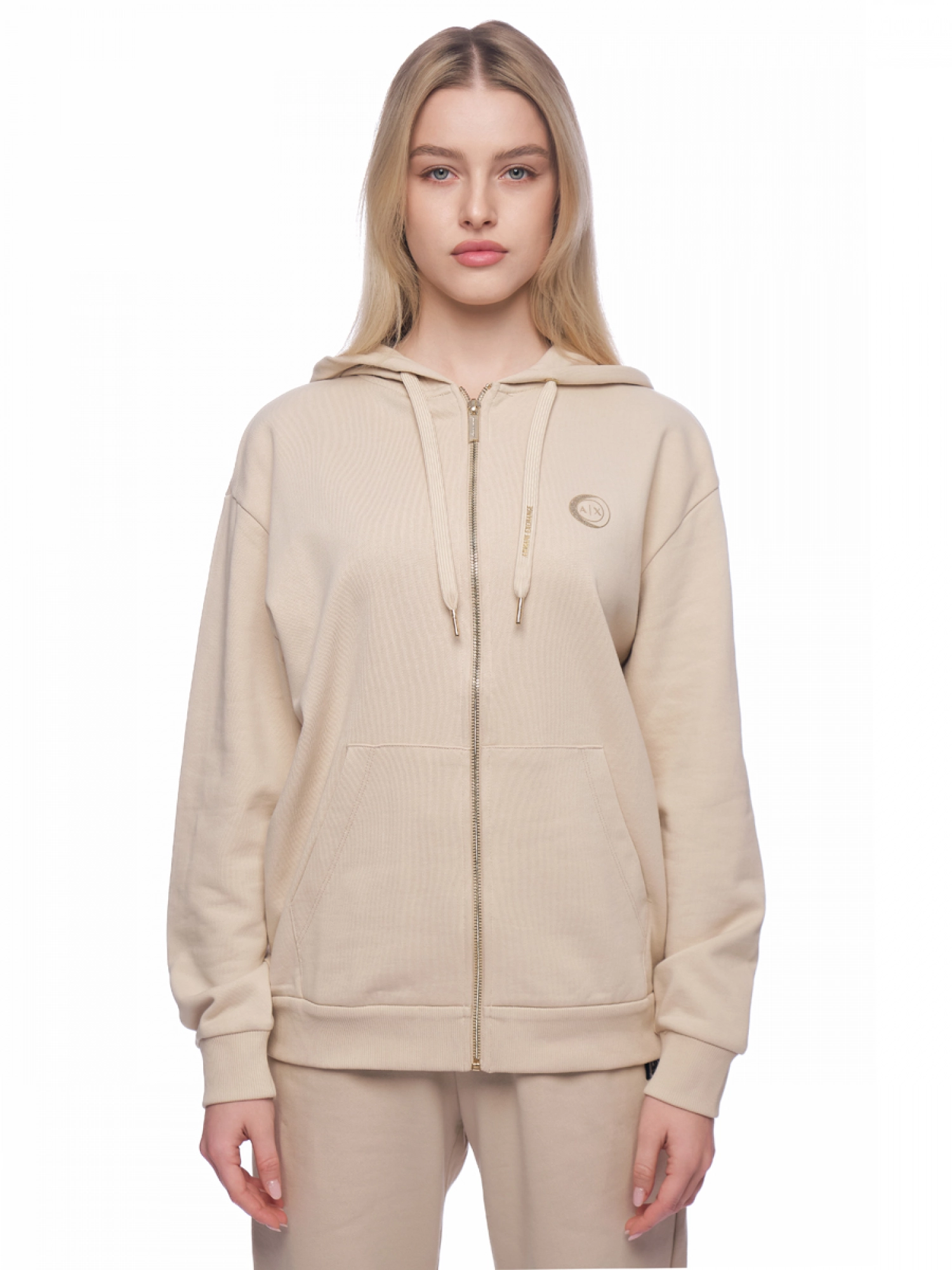 Толстовка в молочном цвете на молнии с капюшоном и логотипом бренда Armani Exchange