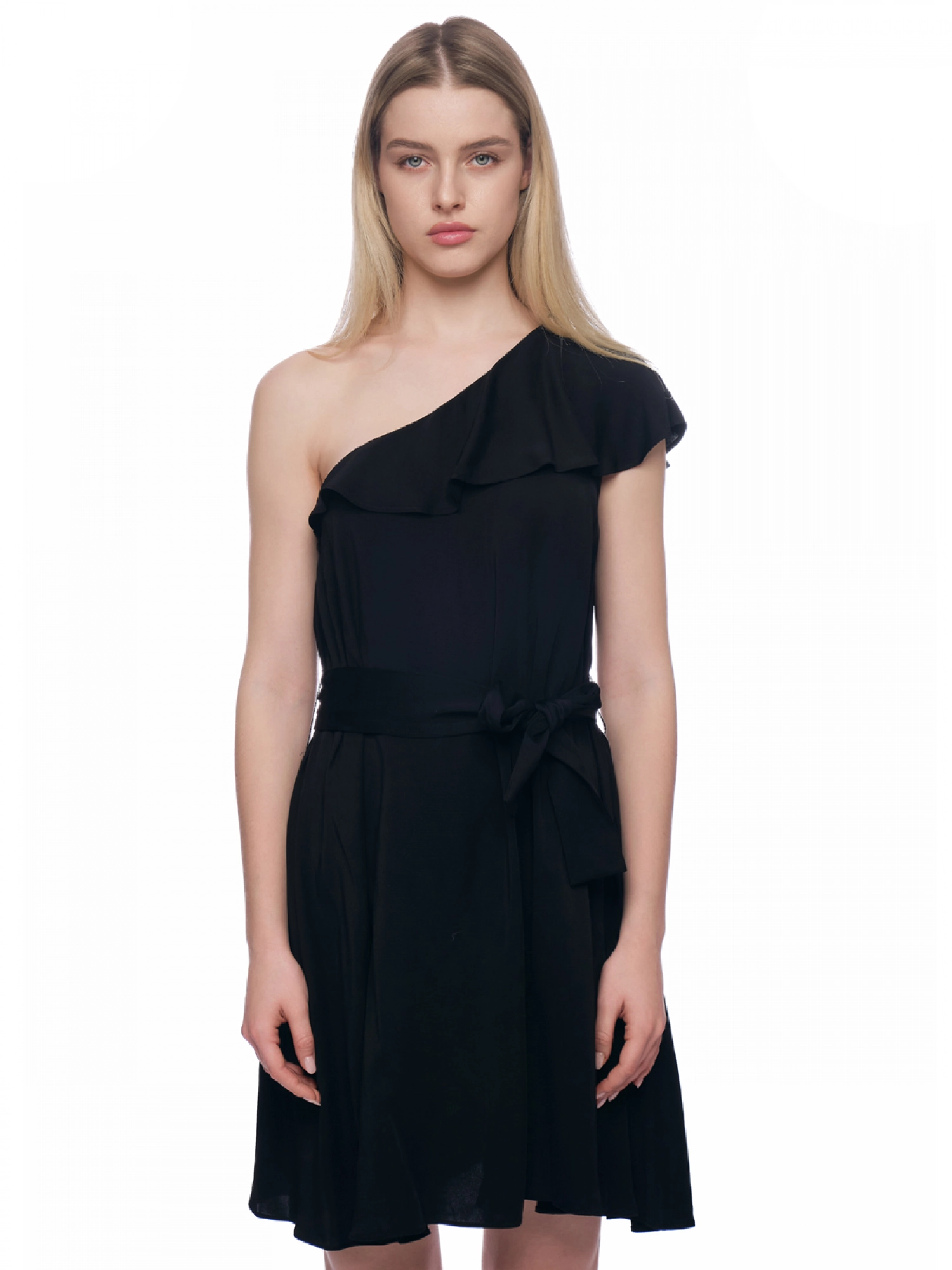 Платье длины мини в черном цвете на одно плече с резинкой на талии Armani Exchange