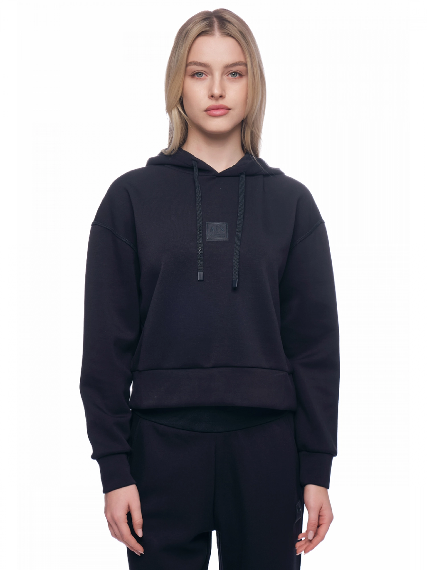 Худи в темно-синем цвете с каюшоном на кулиске и лого бренда на груди Armani Exchange