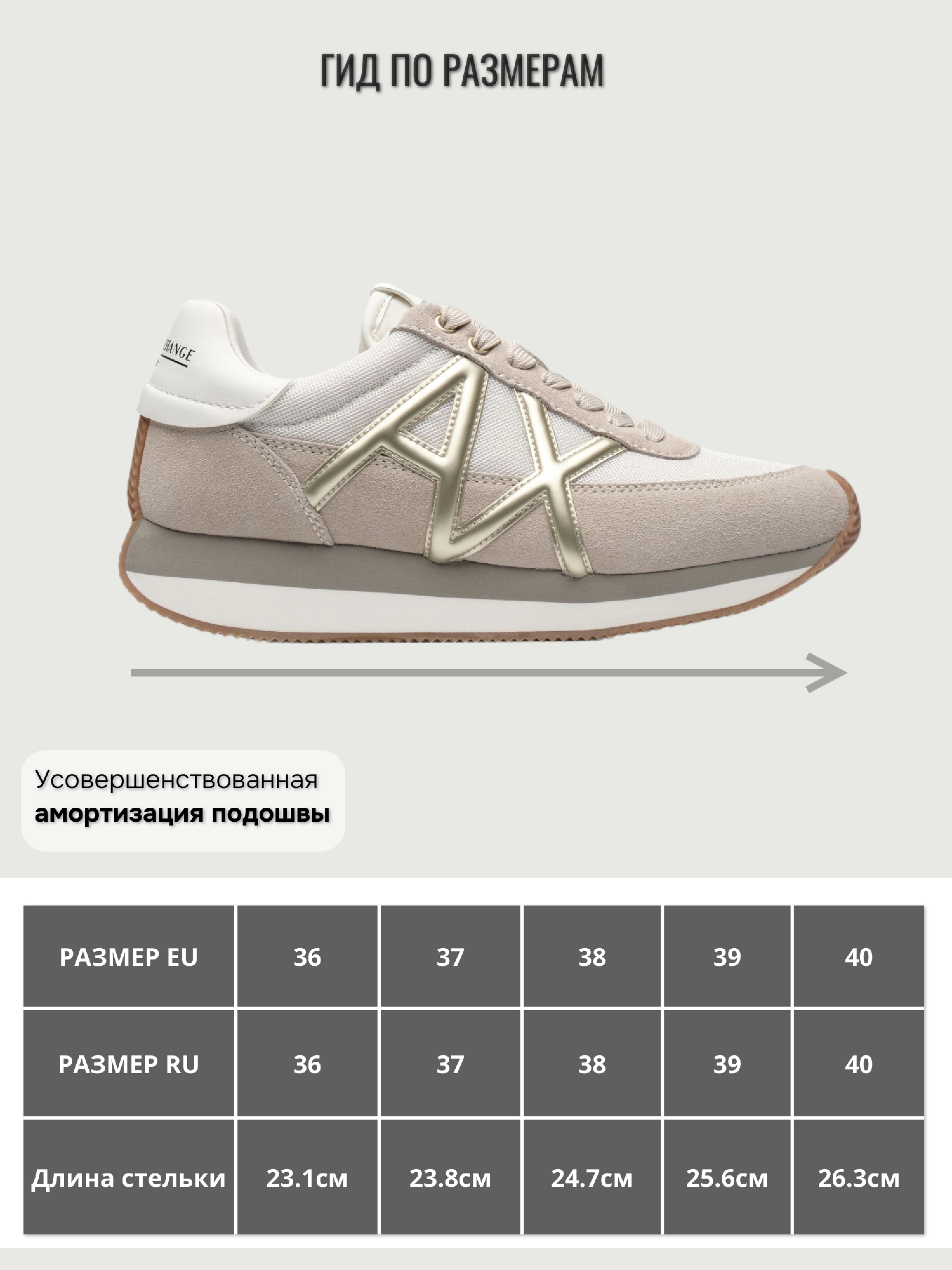 Кроссовки Armani Exchange в комбинированной расцветке с золотыми вставками лого бренда Кроссовки Armani Exchange в комбинированной расцветке с золотыми вставками лого бренда