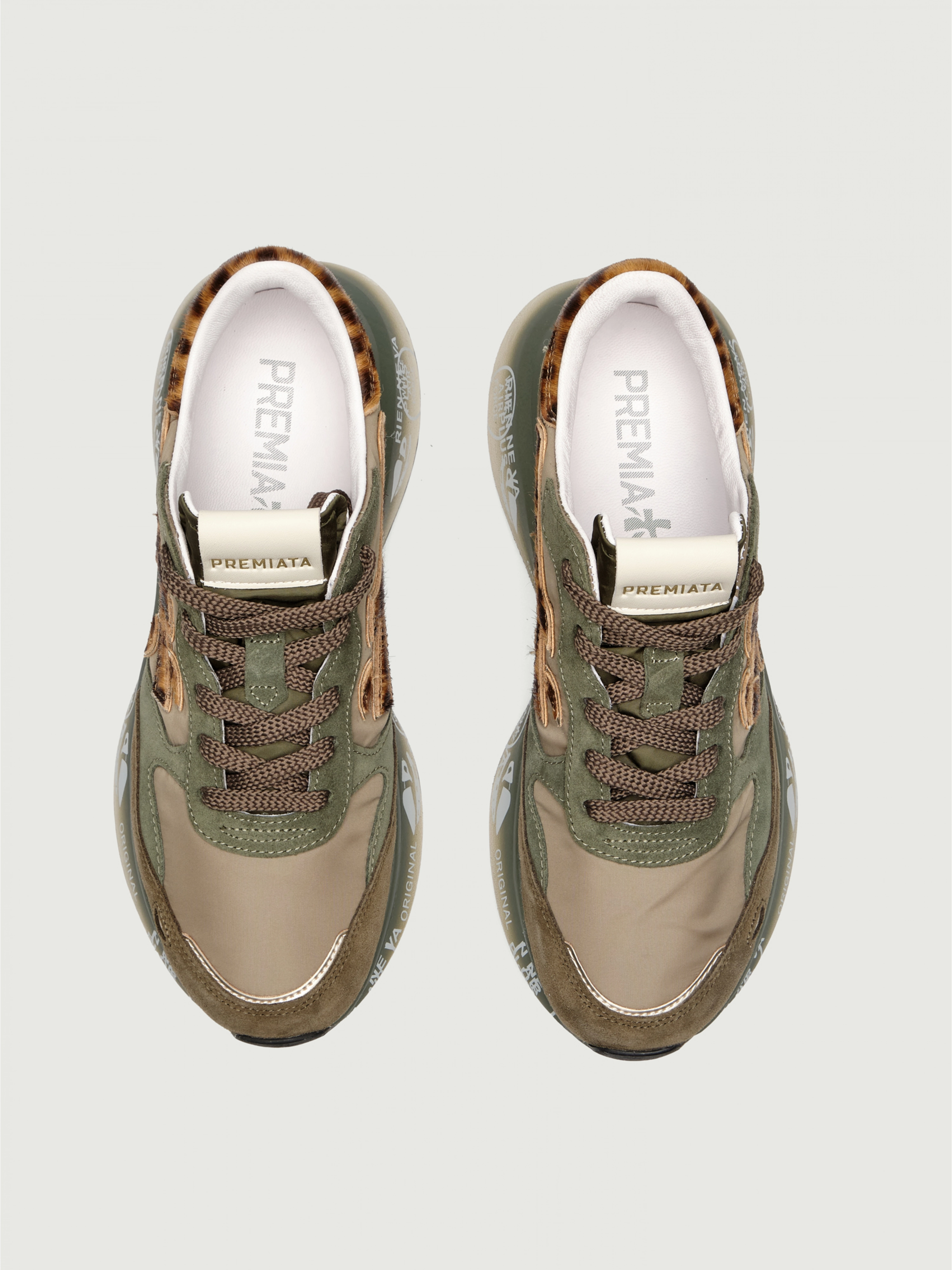 Premiata LAURYN7790  женские кроссовки хаки с леопардовым акцентом