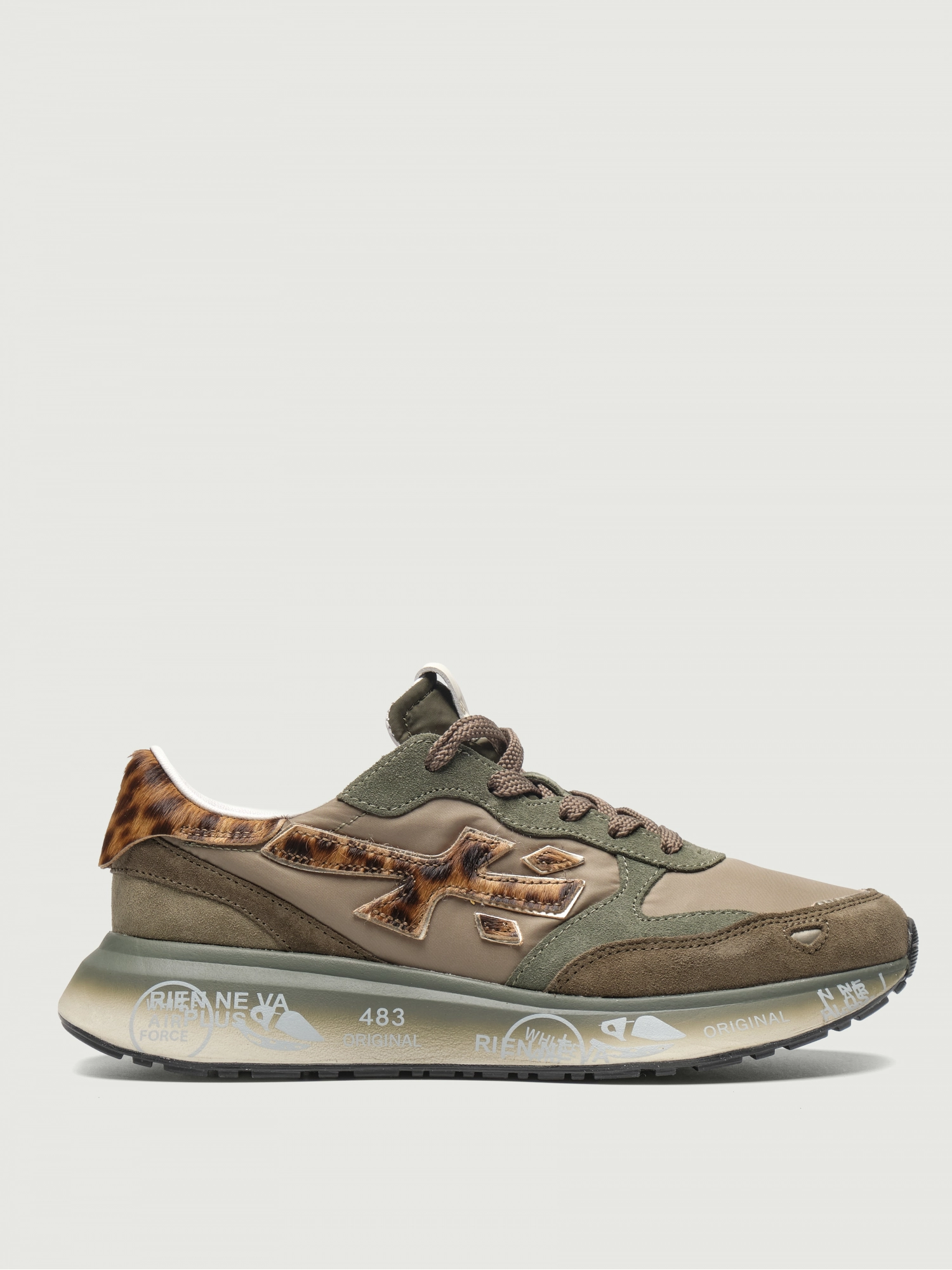 Premiata LAURYN7790  женские кроссовки хаки с леопардовым акцентом