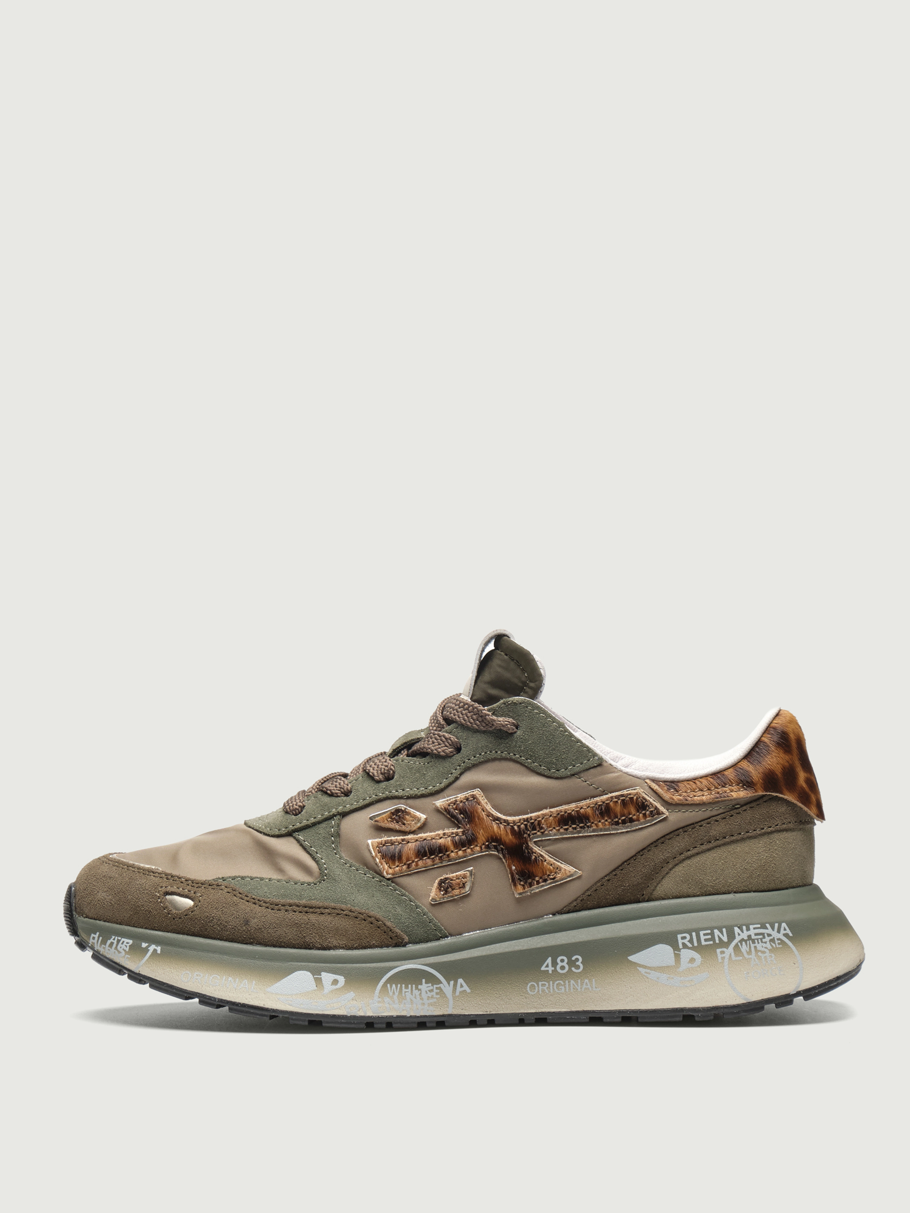 Premiata LAURYN7790  женские кроссовки хаки с леопардовым акцентом