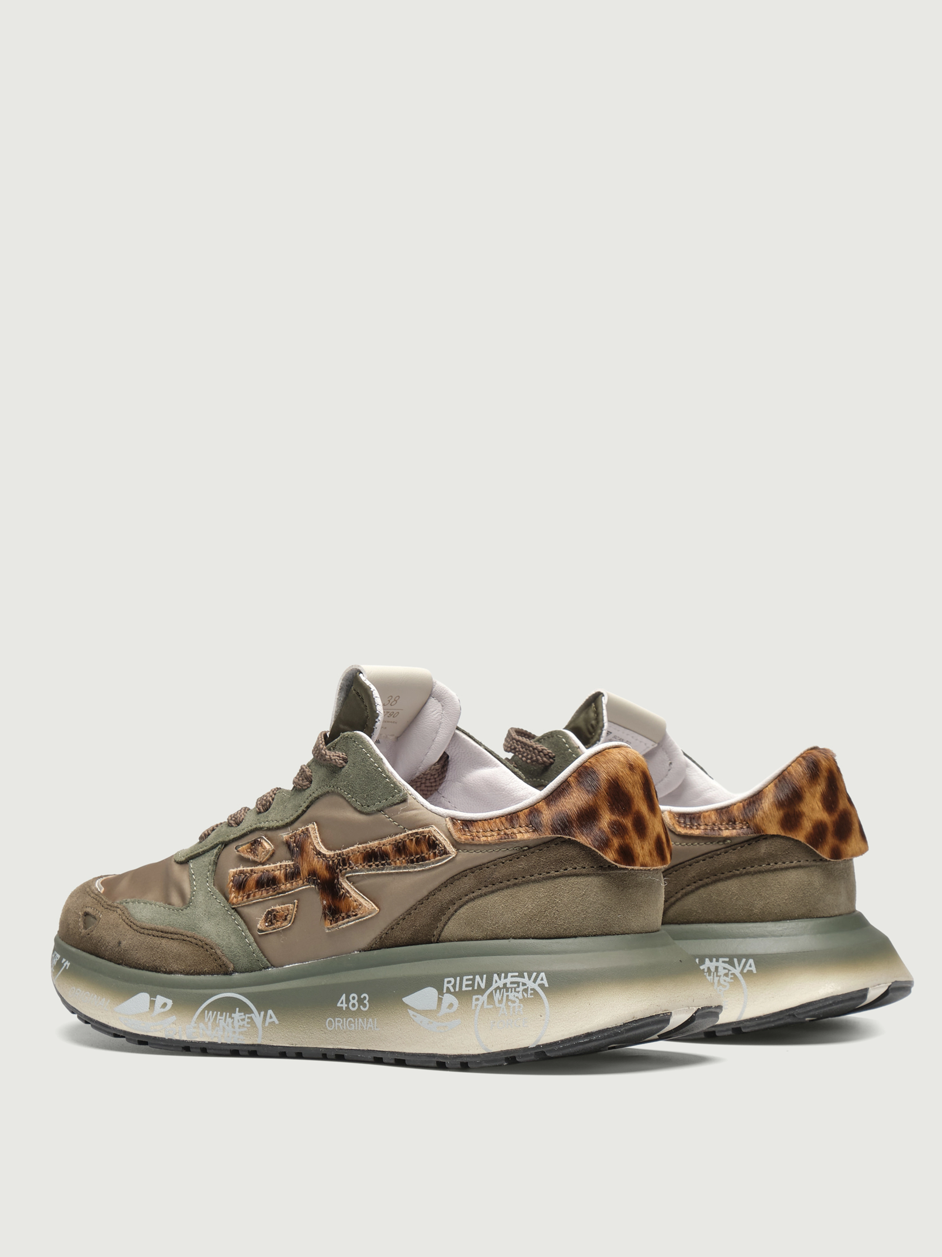Premiata LAURYN7790  женские кроссовки хаки с леопардовым акцентом