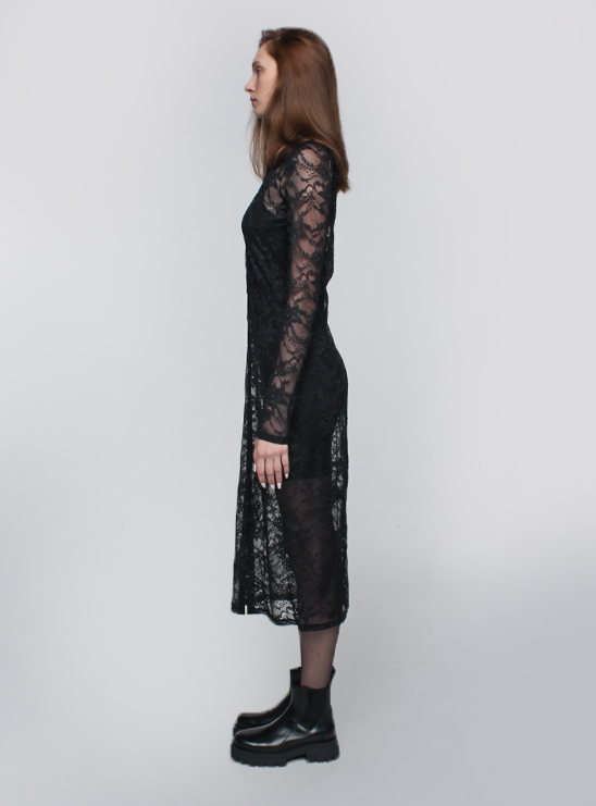 Черное платье-рубашка миди из эластичного кружева с цветочным рисунком  Patrizia Pepe